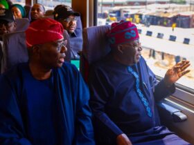 President Bola Tinubu Right And Governor Of Lagos State Mr. Babajide Sanwo Olu In A Train Ride During The Commissioning Of The Lmrt Red Line Project In Lagos On Thursday 29 February 2024