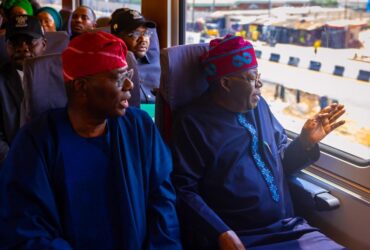 President Bola Tinubu Right And Governor Of Lagos State Mr. Babajide Sanwo Olu In A Train Ride During The Commissioning Of The Lmrt Red Line Project In Lagos On Thursday 29 February 2024