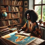 Dall·e 2024 10 23 09.31.59 A Black Woman Sitting At A Wooden Desk, Writing In A Large Open Book With A Map Of Africa On The Cover. She Has Dark Curly Hair And Is Wearing Traditi