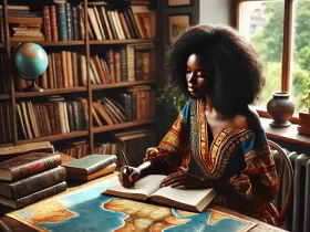 Dall·e 2024 10 23 09.31.59 A Black Woman Sitting At A Wooden Desk, Writing In A Large Open Book With A Map Of Africa On The Cover. She Has Dark Curly Hair And Is Wearing Traditi