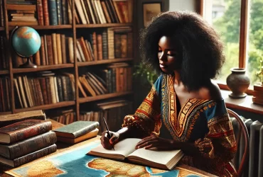 Dall·e 2024 10 23 09.31.59 A Black Woman Sitting At A Wooden Desk, Writing In A Large Open Book With A Map Of Africa On The Cover. She Has Dark Curly Hair And Is Wearing Traditi