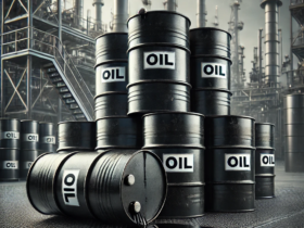 Dall·e 2024 10 07 11.51.52 A Detailed Image Of Several Black Oil Barrels Stacked On Top Of Each Other, With Crude Oil Spilling Slightly From One Barrel. The Barrels Have Marking