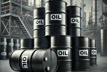 Dall·e 2024 10 07 11.51.52 A Detailed Image Of Several Black Oil Barrels Stacked On Top Of Each Other, With Crude Oil Spilling Slightly From One Barrel. The Barrels Have Marking