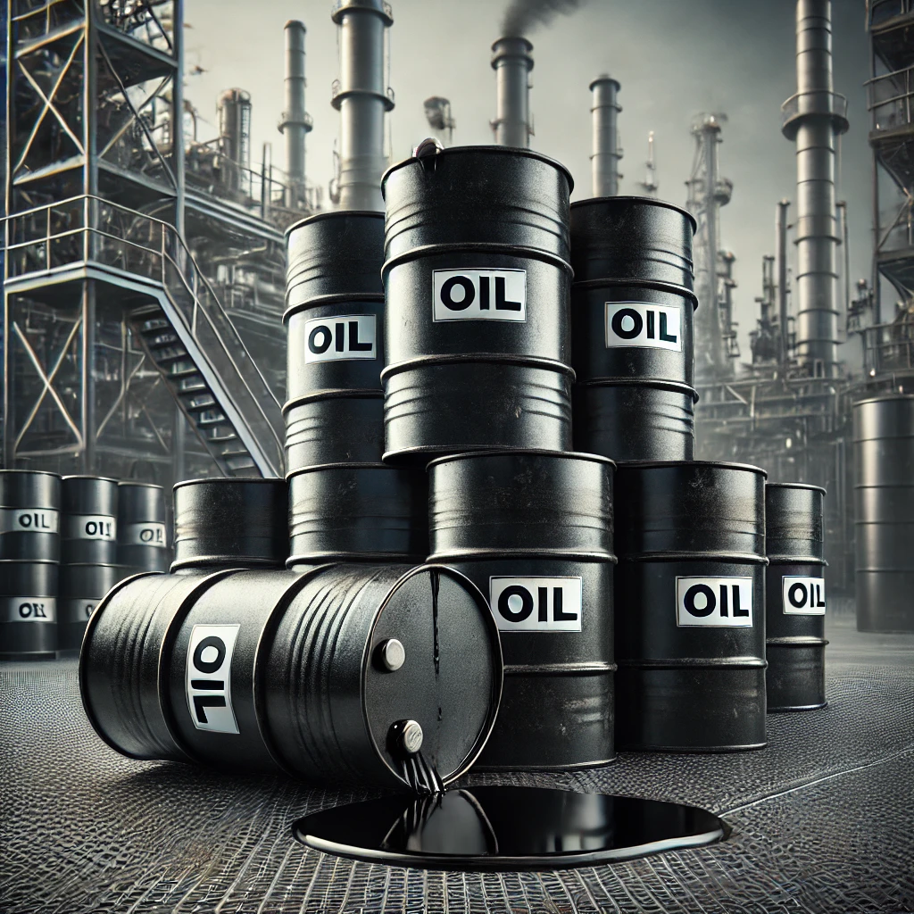 Dall·e 2024 10 07 11.51.52 A Detailed Image Of Several Black Oil Barrels Stacked On Top Of Each Other, With Crude Oil Spilling Slightly From One Barrel. The Barrels Have Marking