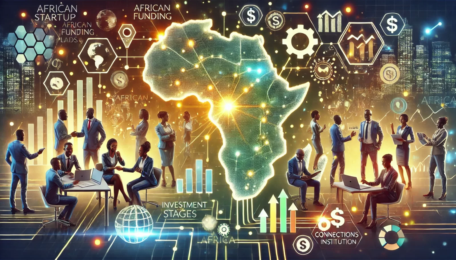 Dall·e 2025 01 17 18.17.07 An Illustration Depicting The African Startup Funding Landscape. The Image Shows A Diverse Group Of Entrepreneurs Collaborating, Surrounded By Visual