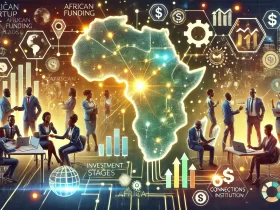 Dall·e 2025 01 17 18.17.07 An Illustration Depicting The African Startup Funding Landscape. The Image Shows A Diverse Group Of Entrepreneurs Collaborating, Surrounded By Visual