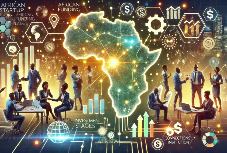 Dall·e 2025 01 17 18.17.07 An Illustration Depicting The African Startup Funding Landscape. The Image Shows A Diverse Group Of Entrepreneurs Collaborating, Surrounded By Visual