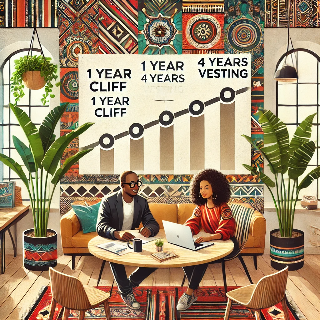 Dall·e 2024 12 08 11.18.31 an illustration showing two cofounders collaborating in a modern african office setting with a symbolic timeline or schedule depicted on a whiteboard (1)